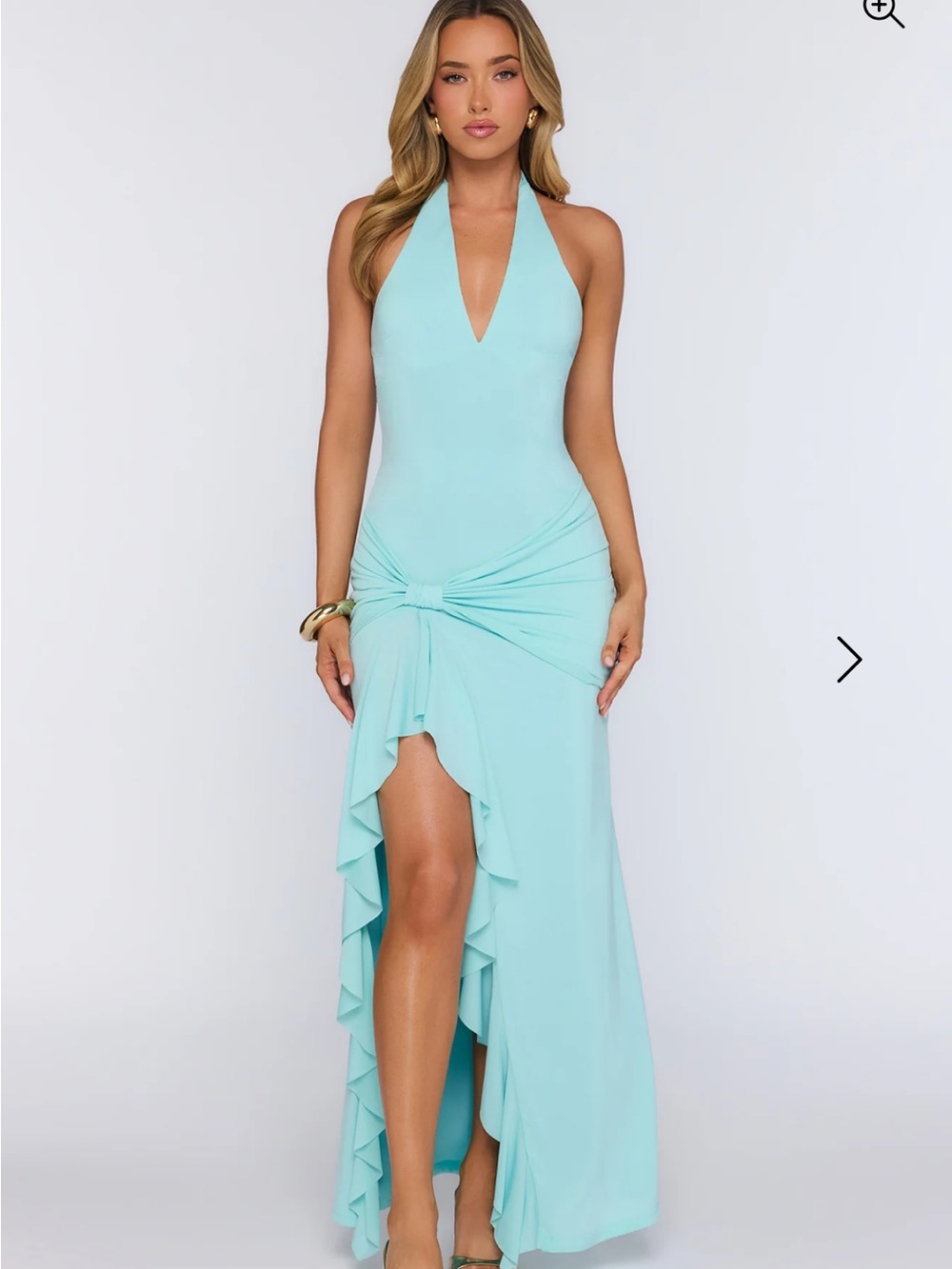 Hello Molly Aqua Halter Knot-Front High-Low Ruffle Maxi Dress